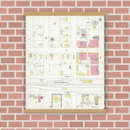 Old map wall art mockup — magnetic wood frame on brick wall — Sanborn Fire Insurance Map from Itasca, Hill County, Texas (1907), Sheet #0002