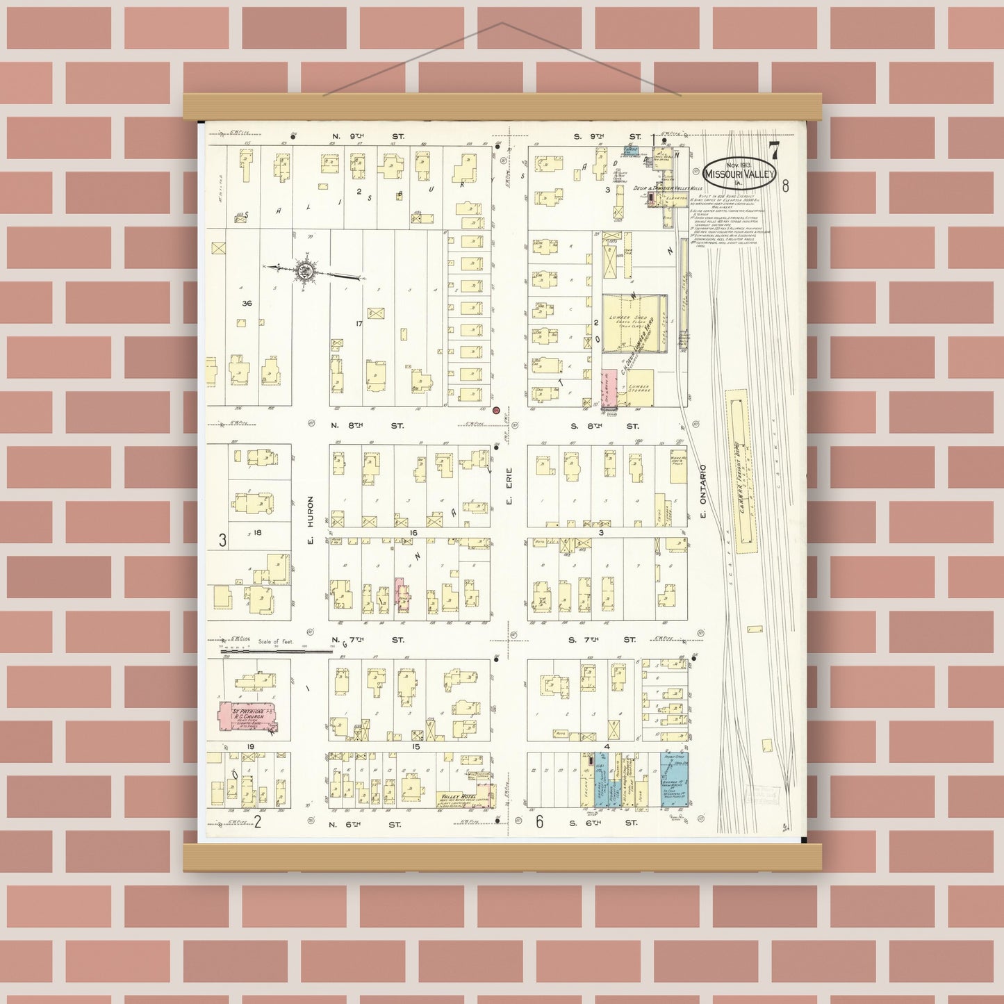 Old map wall art mockup — magnetic wood frame on brick wall — Sanborn Fire Insurance Map from Missouri Valley, Harrison County, Iowa (1913), Sheet #0007