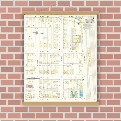 Old map wall art mockup — magnetic wood frame on brick wall — Sanborn Fire Insurance Map from Missouri Valley, Harrison County, Iowa (1913), Sheet #0007