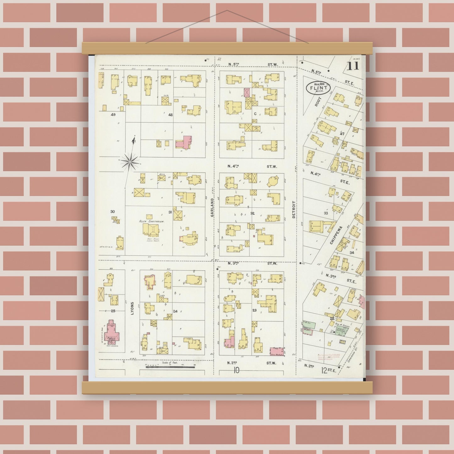 Old map wall art mockup — magnetic wood frame on brick wall — Sanborn Fire Insurance Map from Flint, Genesee County, Michigan (1898), Sheet #0011