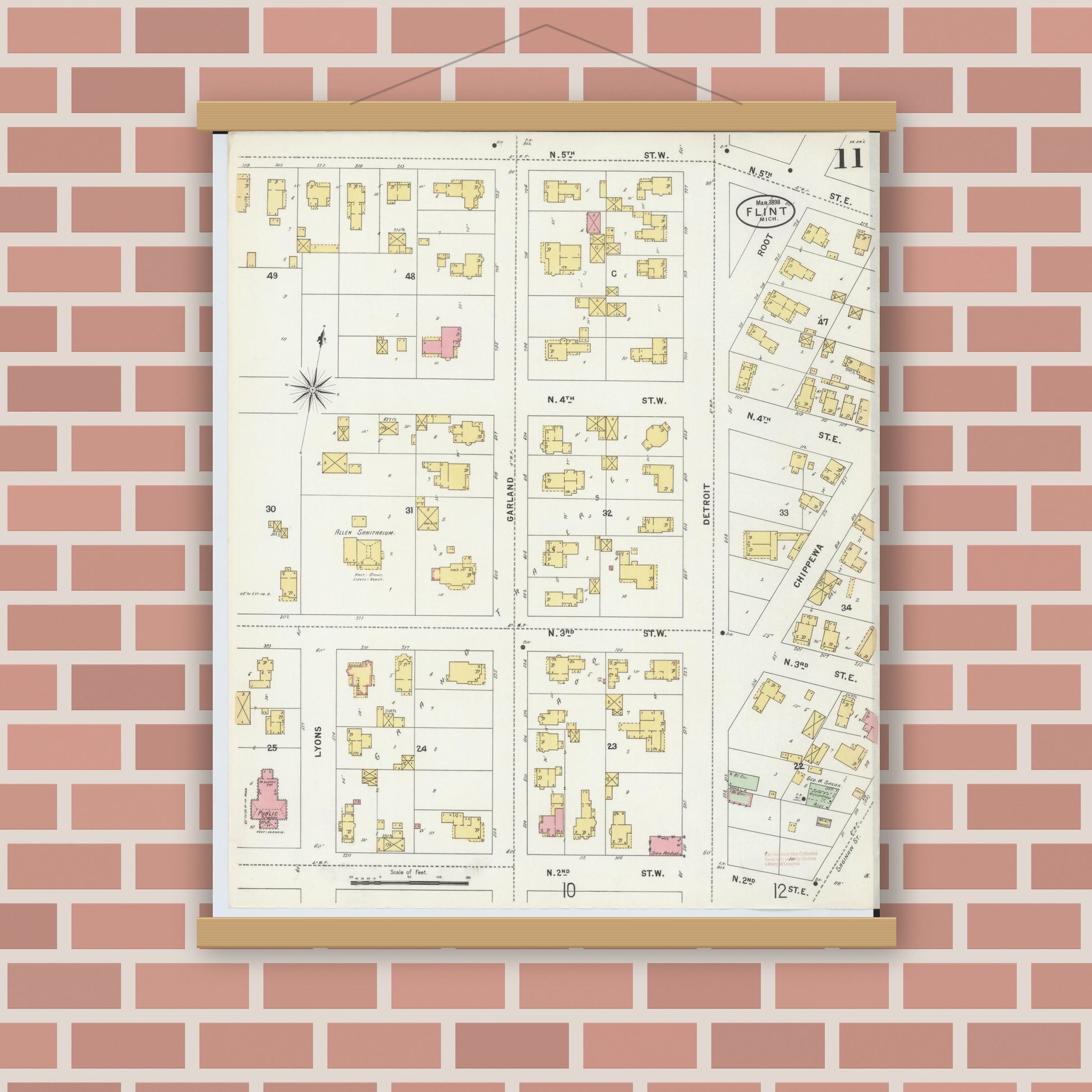 Old map wall art mockup — magnetic wood frame on brick wall — Sanborn Fire Insurance Map from Flint, Genesee County, Michigan (1898), Sheet #0011