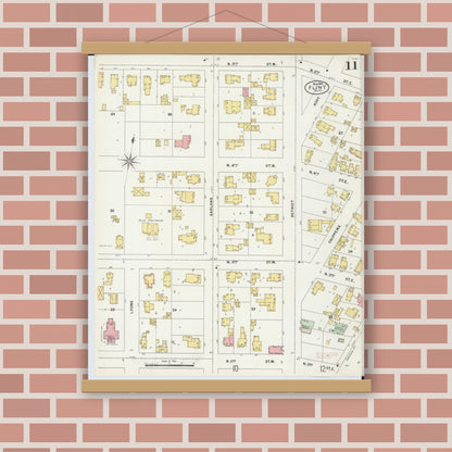 Old map wall art mockup — magnetic wood frame on brick wall — Sanborn Fire Insurance Map from Flint, Genesee County, Michigan (1898), Sheet #0011