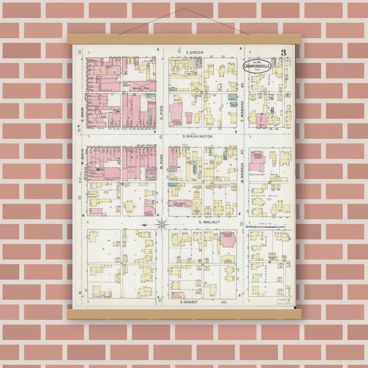 Old map wall art mockup — magnetic wood frame on brick wall — Sanborn Fire Insurance Map from Crawfordsville, Montgomery County, Indiana (1887), Sheet #0003
