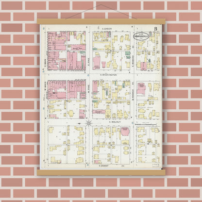 Old map wall art mockup — magnetic wood frame on brick wall — Sanborn Fire Insurance Map from Crawfordsville, Montgomery County, Indiana (1887), Sheet #0003