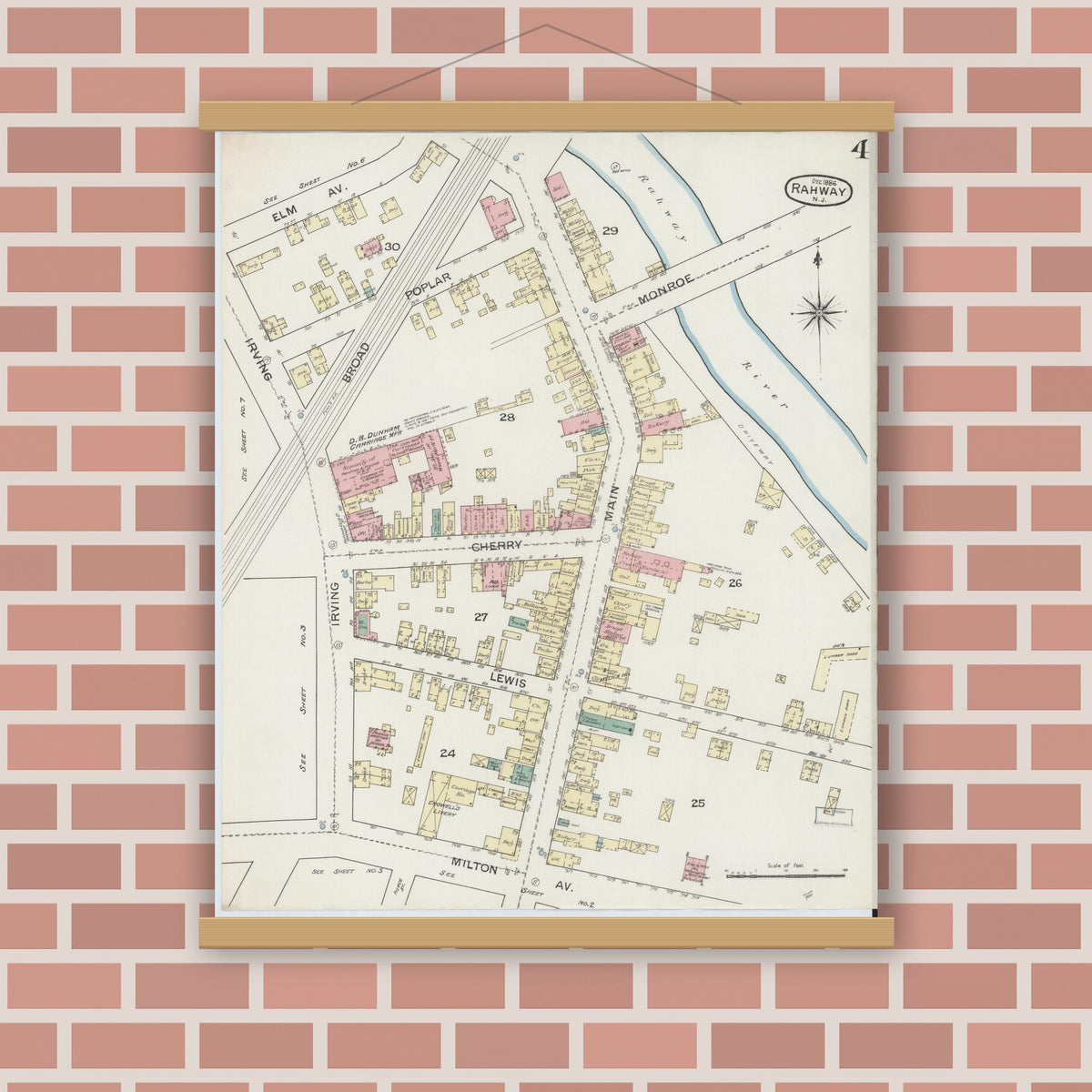 Old map wall art mockup — magnetic wood frame on brick wall — Sanborn Fire Insurance Map from Rahway, Union County, New Jersey (1886), Sheet #0004
