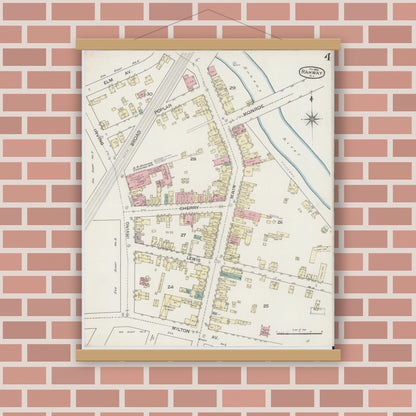 Old map wall art mockup — magnetic wood frame on brick wall — Sanborn Fire Insurance Map from Rahway, Union County, New Jersey (1886), Sheet #0004