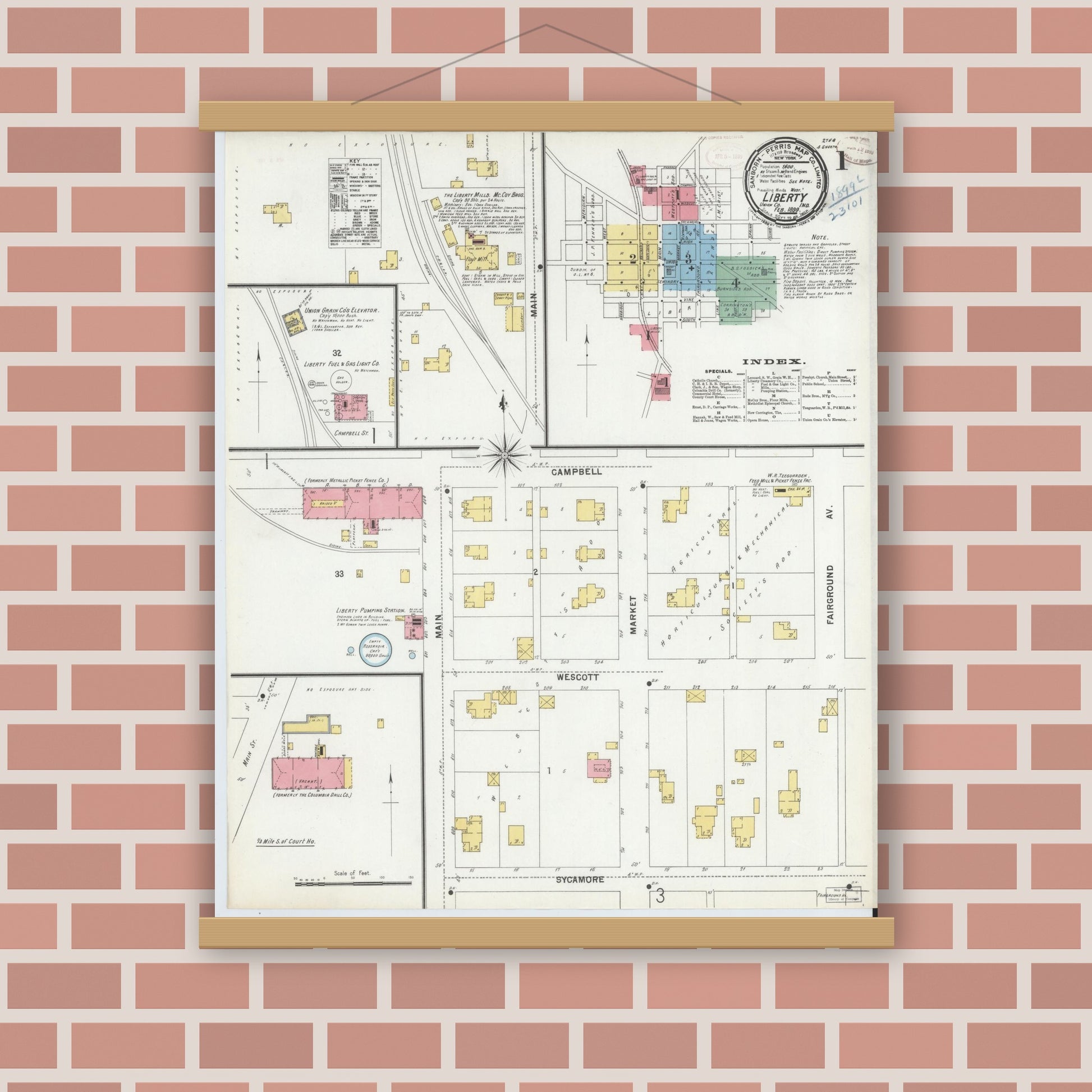 Old map wall art mockup — magnetic wood frame on brick wall — Sanborn Fire Insurance Map from Liberty, Union County, Indiana (1899) - Complete Map Set
