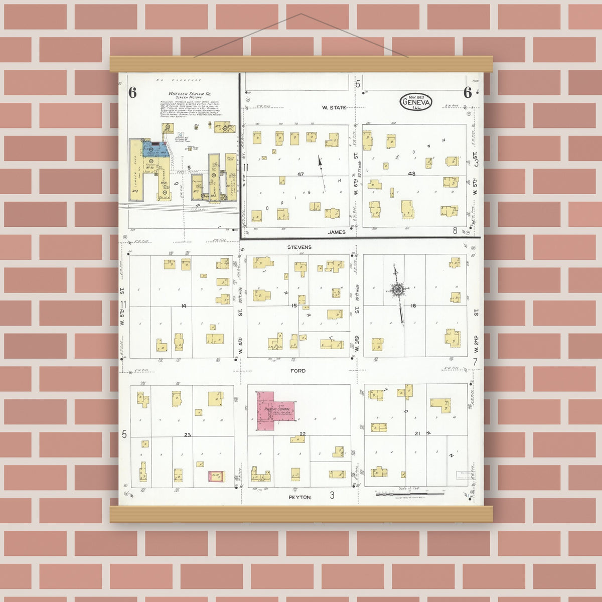 Old map wall art mockup — magnetic wood frame on brick wall — Sanborn Fire Insurance Map from Geneva, Kane County, Illinois (1923), Sheet #0006