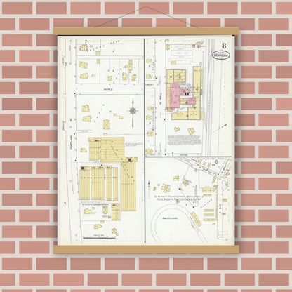 Old map wall art mockup — magnetic wood frame on brick wall — Sanborn Fire Insurance Map from Morrison, Whiteside County, Illinois (1912), Sheet #0008