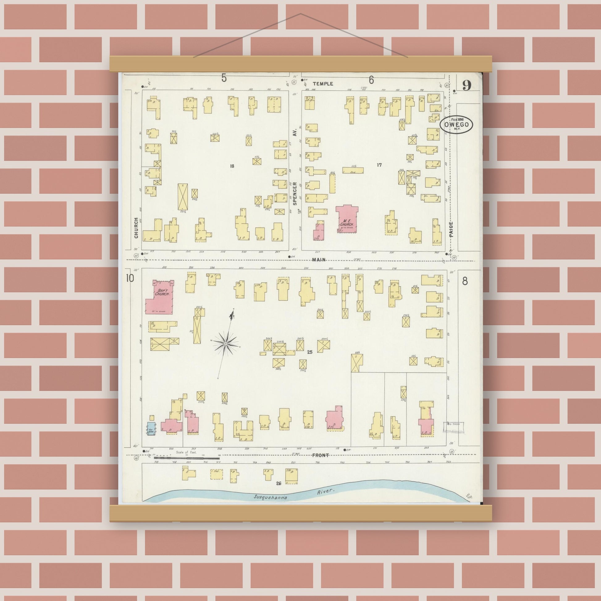Old map wall art mockup — magnetic wood frame on brick wall — Sanborn Fire Insurance Map from Owego, Tioga County, New York (1898), Sheet #0009