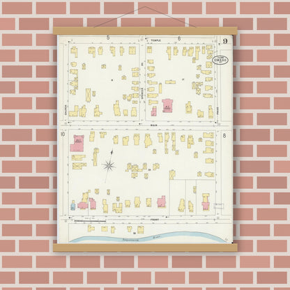 Old map wall art mockup — magnetic wood frame on brick wall — Sanborn Fire Insurance Map from Owego, Tioga County, New York (1898), Sheet #0009