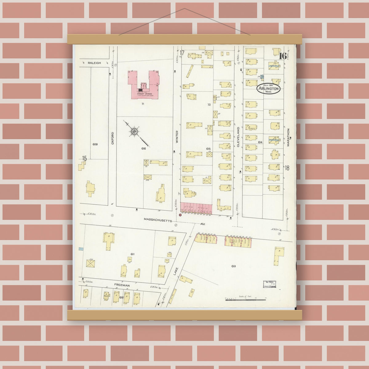 Old map wall art mockup — magnetic wood frame on brick wall — Sanborn Fire Insurance Map from Arlington, Middlesex County, Massachusetts (1914), Sheet #0016