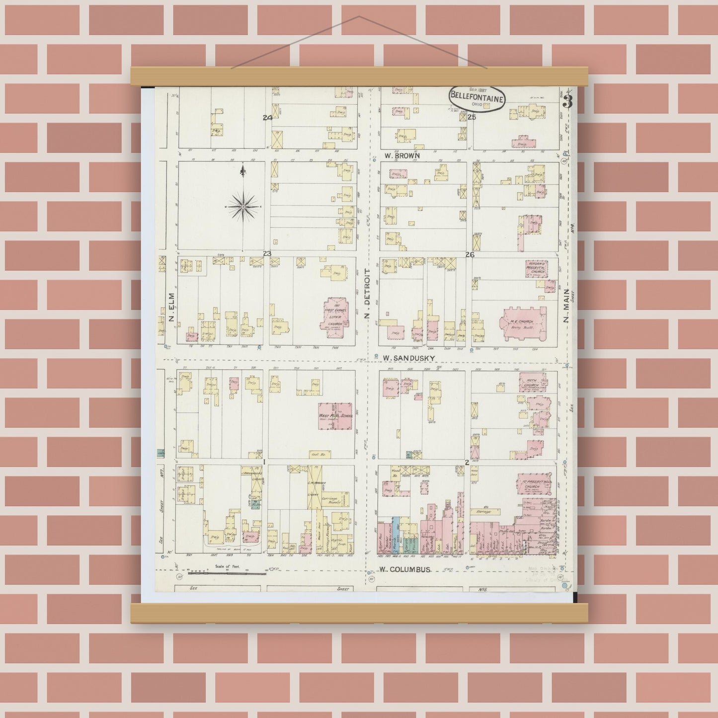 Old map wall art mockup — magnetic wood frame on brick wall — Sanborn Fire Insurance Map from Bellefontaine, Logan County, Ohio (1887), Sheet #0003