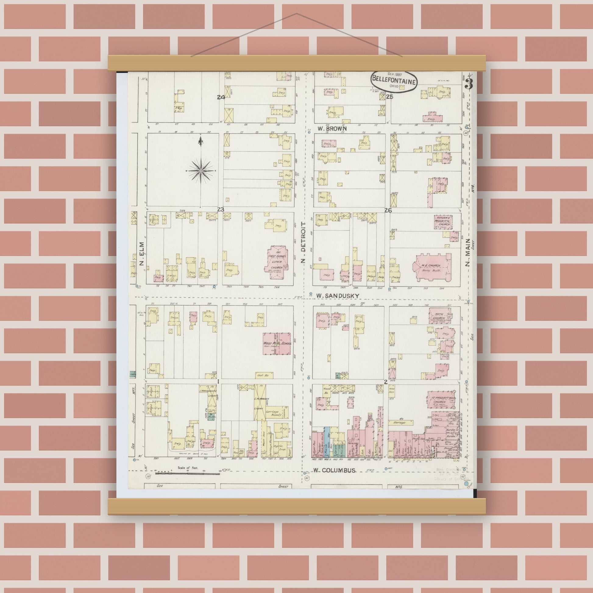 Old map wall art mockup — magnetic wood frame on brick wall — Sanborn Fire Insurance Map from Bellefontaine, Logan County, Ohio (1887), Sheet #0003