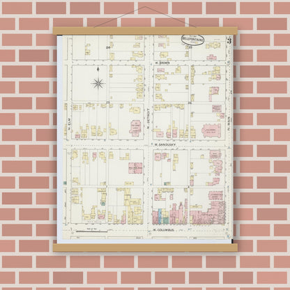 Old map wall art mockup — magnetic wood frame on brick wall — Sanborn Fire Insurance Map from Bellefontaine, Logan County, Ohio (1887), Sheet #0003