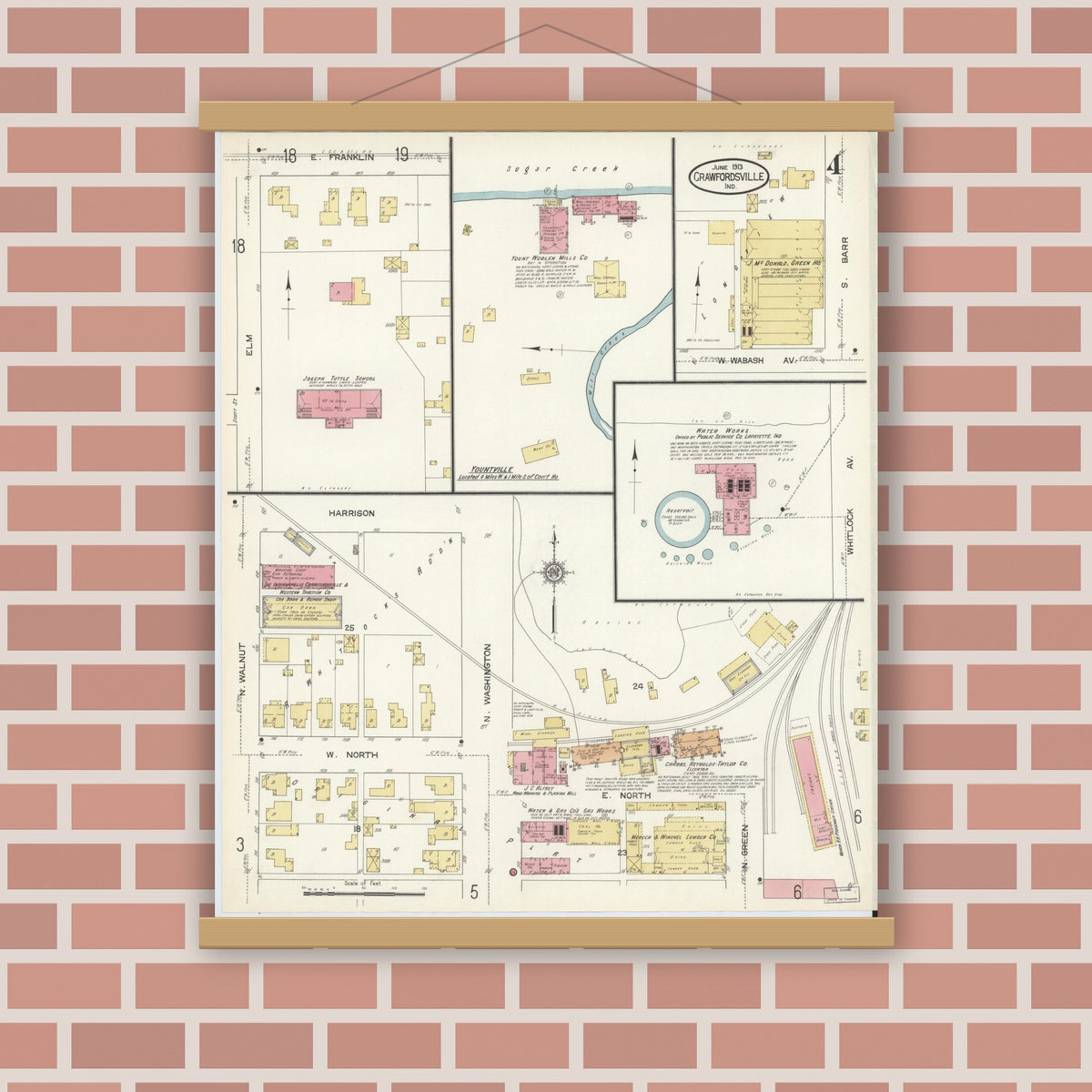 Old map wall art mockup — magnetic wood frame on brick wall — Sanborn Fire Insurance Map from Crawfordsville, Montgomery County, Indiana (1913), Sheet #0004
