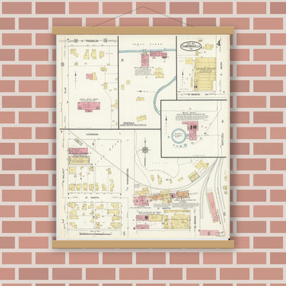 Old map wall art mockup — magnetic wood frame on brick wall — Sanborn Fire Insurance Map from Crawfordsville, Montgomery County, Indiana (1913), Sheet #0004