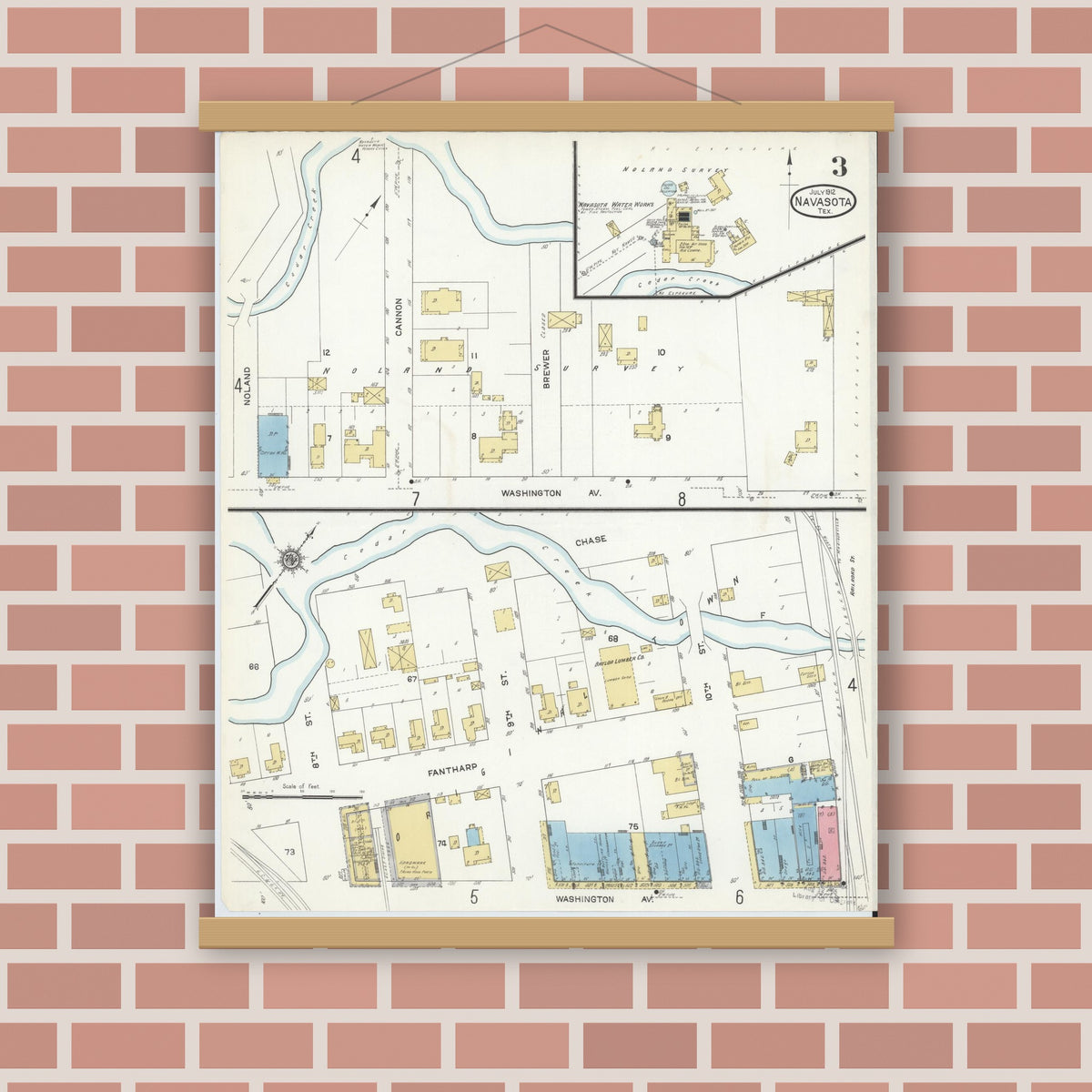 Old map wall art mockup — magnetic wood frame on brick wall — Sanborn Fire Insurance Map from Navasota, Grimes County, Texas (1912), Sheet #0003