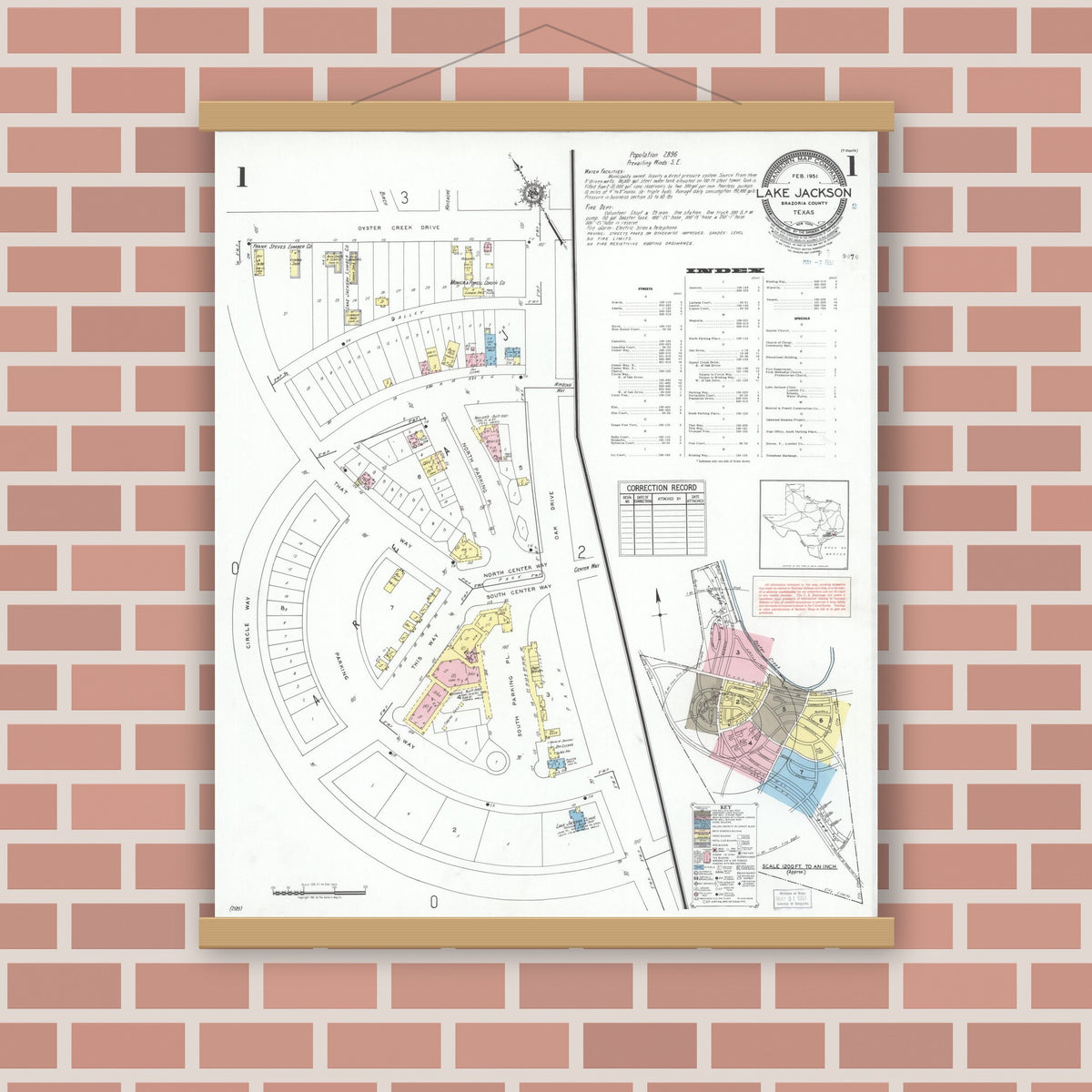 Old map wall art mockup — magnetic wood frame on brick wall — Sanborn Fire Insurance Map from Lake Jackson, Brazoria County, Texas (1951) - Complete Map Set