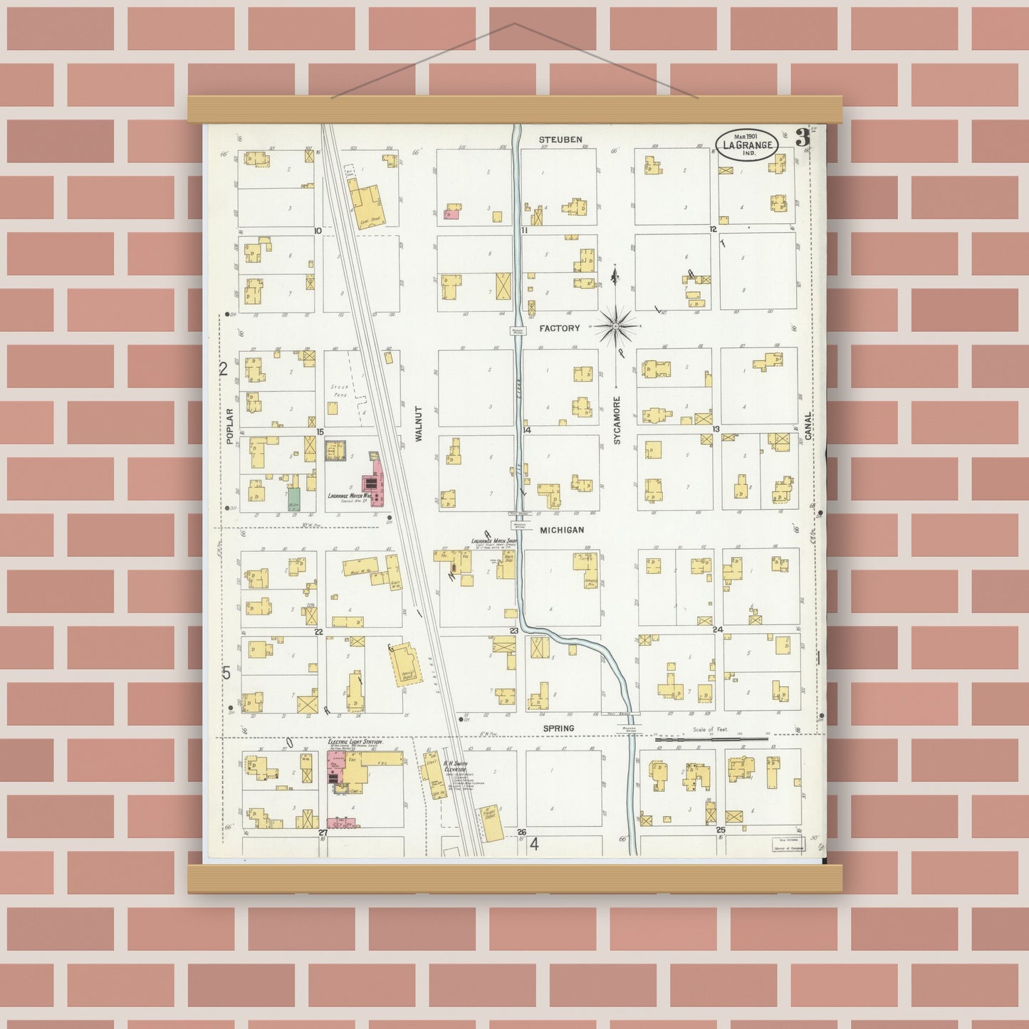 Old map wall art mockup — magnetic wood frame on brick wall — Sanborn Fire Insurance Map from Lagrange, LaGrange County, Indiana (1901), Sheet #0003