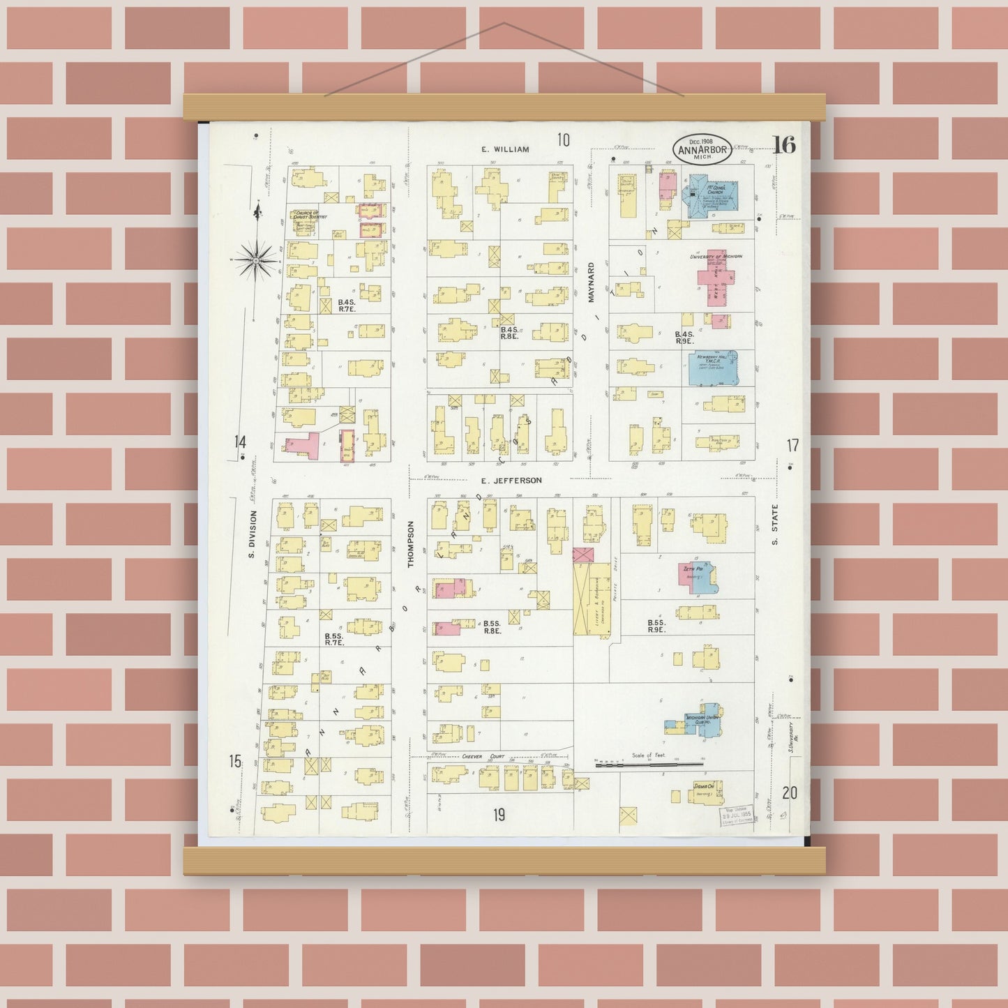 Old map wall art mockup — magnetic wood frame on brick wall — Sanborn Fire Insurance Map from Ann Arbor, Washtenaw County, Michigan (1908), Sheet #0016
