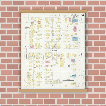 Old map wall art mockup — magnetic wood frame on brick wall — Sanborn Fire Insurance Map from Ann Arbor, Washtenaw County, Michigan (1908), Sheet #0016
