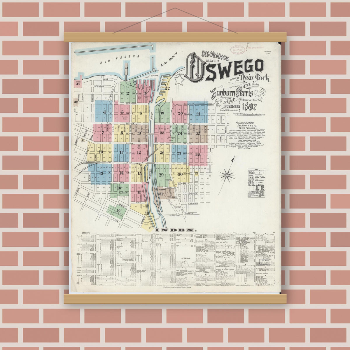 Old map wall art mockup — magnetic wood frame on brick wall — Sanborn Fire Insurance Map from Oswego, Oswego County, New York (1897) - Complete Map Set