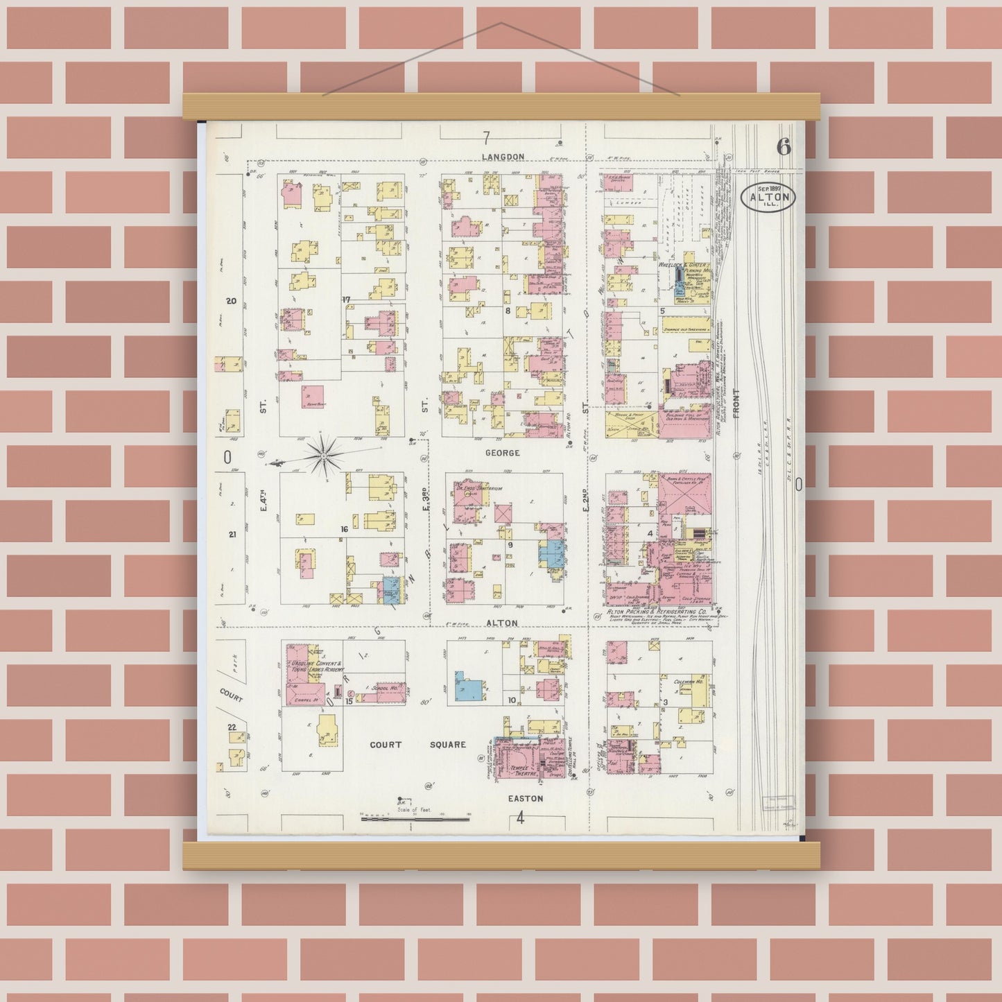 Old map wall art mockup — magnetic wood frame on brick wall — Sanborn Fire Insurance Map from Alton, Madison County, Illinois (1897), Sheet #0006