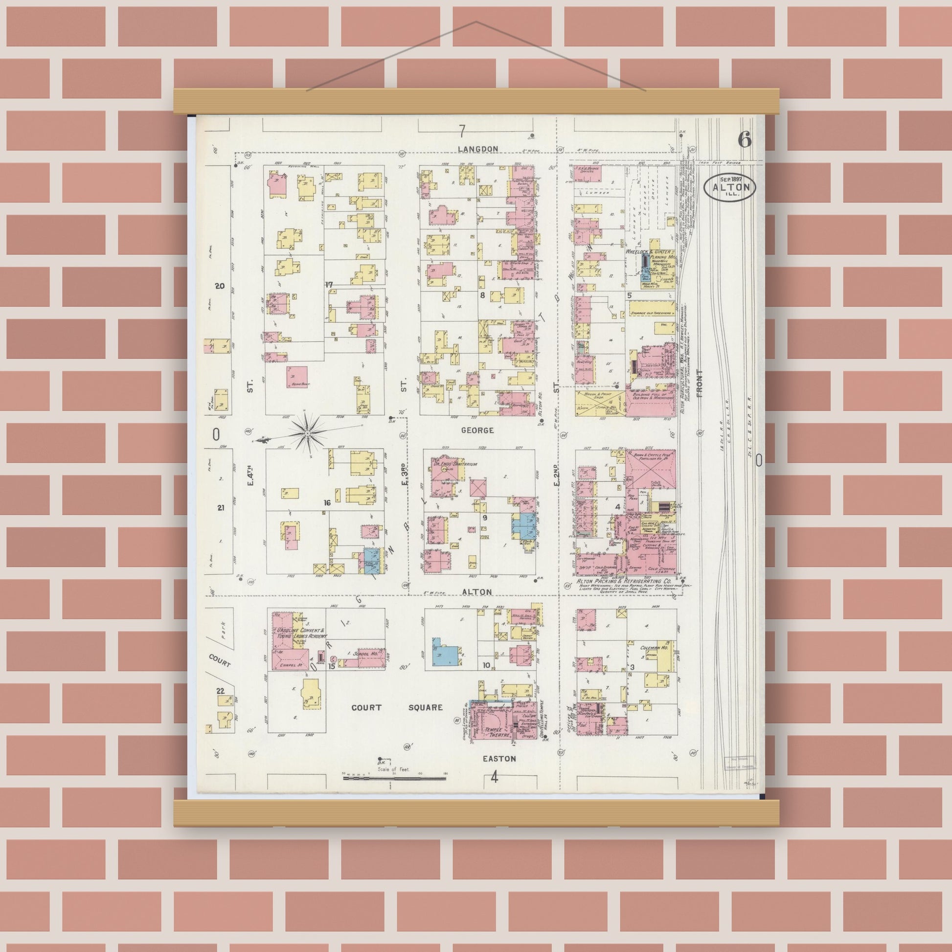 Old map wall art mockup — magnetic wood frame on brick wall — Sanborn Fire Insurance Map from Alton, Madison County, Illinois (1897), Sheet #0006