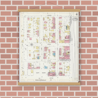Old map wall art mockup — magnetic wood frame on brick wall — Sanborn Fire Insurance Map from Alton, Madison County, Illinois (1897), Sheet #0006