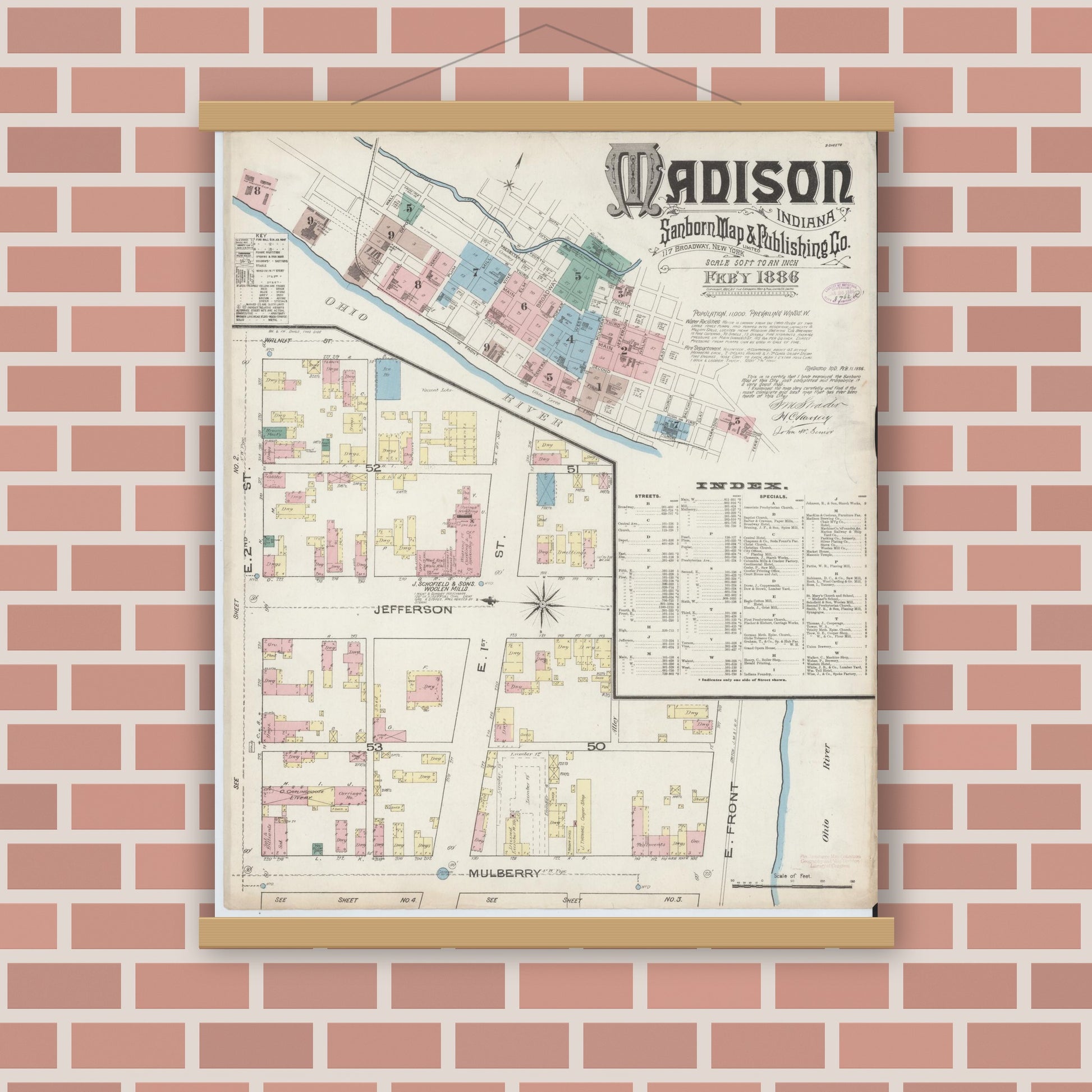 Old map wall art mockup — magnetic wood frame on brick wall — Sanborn Fire Insurance Map from Madison, Jefferson County, Indiana (1886) - Complete Map Set