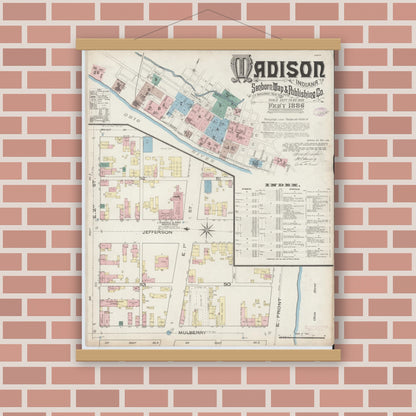 Old map wall art mockup — magnetic wood frame on brick wall — Sanborn Fire Insurance Map from Madison, Jefferson County, Indiana (1886) - Complete Map Set