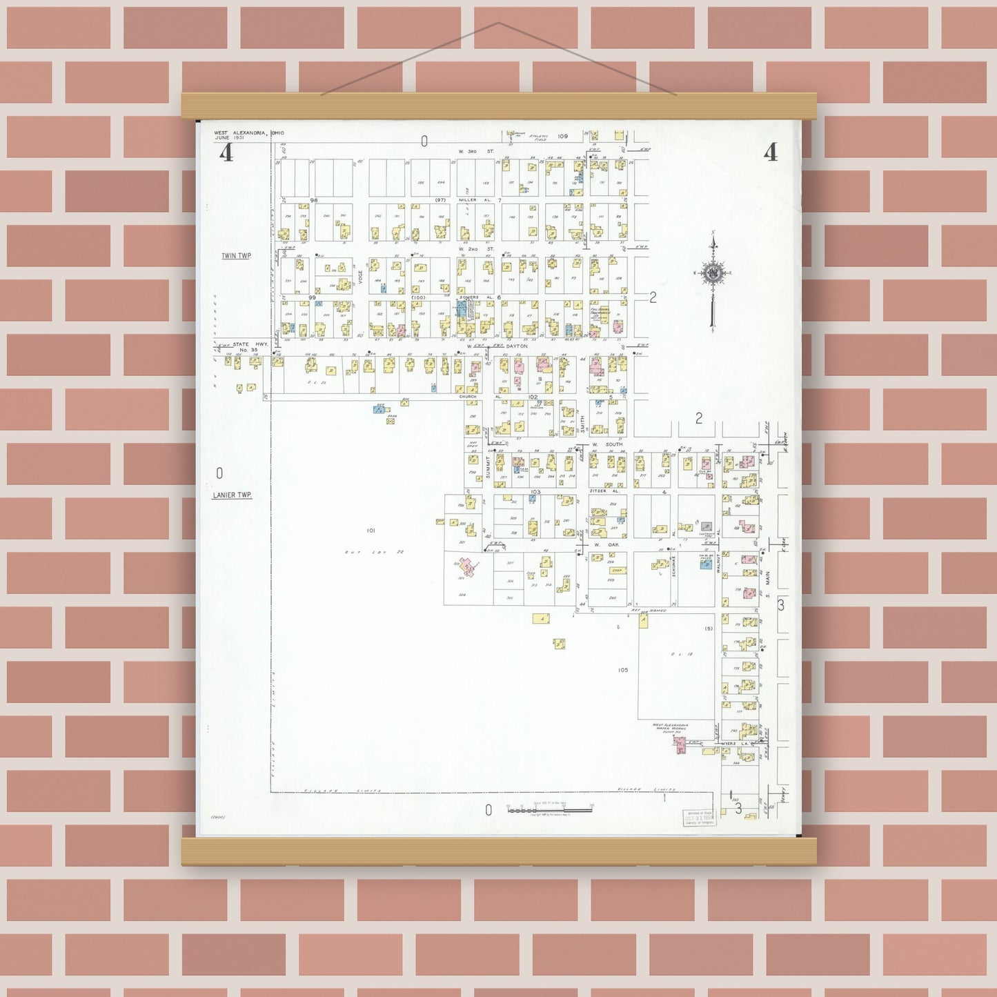 Old map wall art mockup — magnetic wood frame on brick wall — Sanborn Fire Insurance Map from West Alexandria, Preble County, Ohio (1951), Sheet #0004