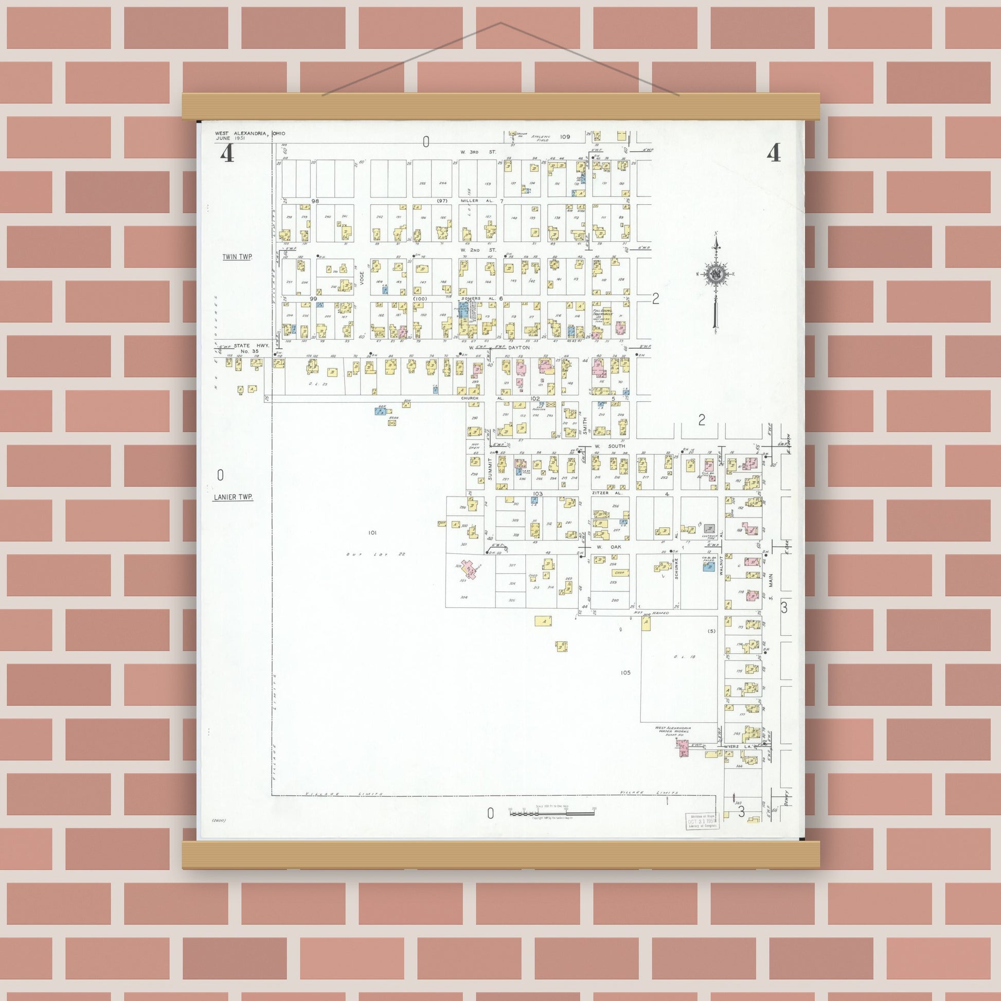 Old map wall art mockup — magnetic wood frame on brick wall — Sanborn Fire Insurance Map from West Alexandria, Preble County, Ohio (1951), Sheet #0004