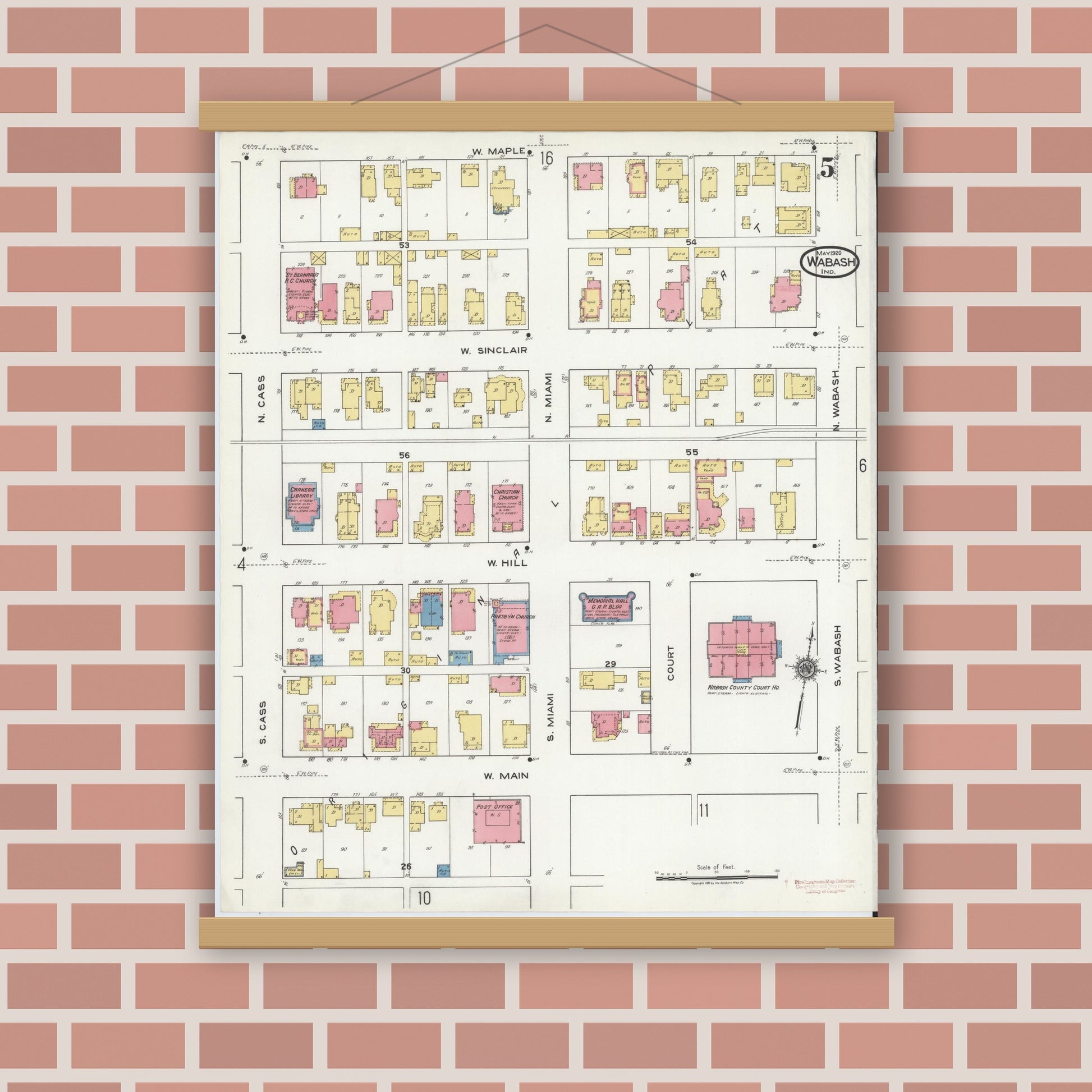 Old map wall art mockup — magnetic wood frame on brick wall — Sanborn Fire Insurance Map from Wabash, Wabash County, Indiana (1920), Sheet #0005