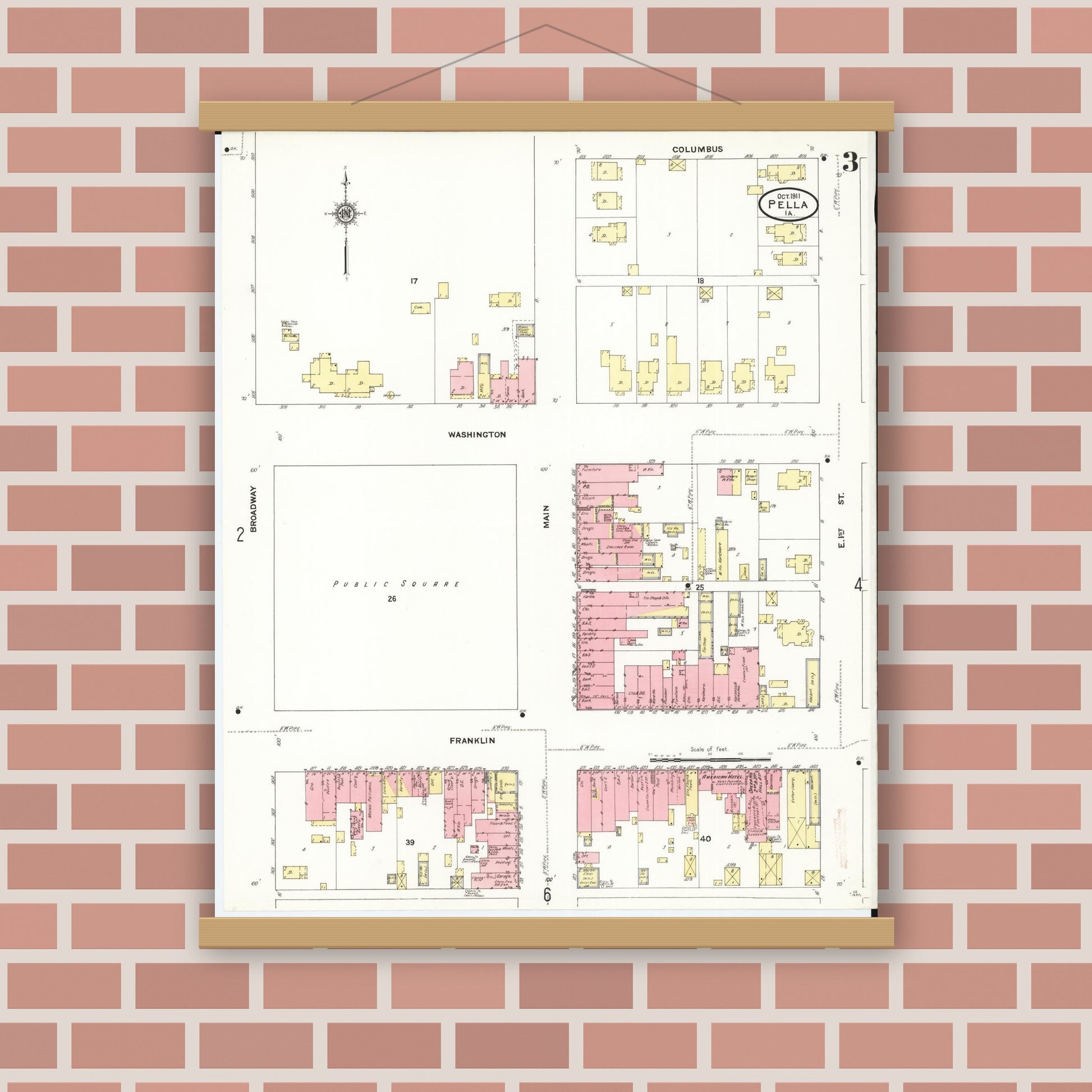 Old map wall art mockup — magnetic wood frame on brick wall — Sanborn Fire Insurance Map from Pella, Marion County, Iowa (1911), Sheet #0003