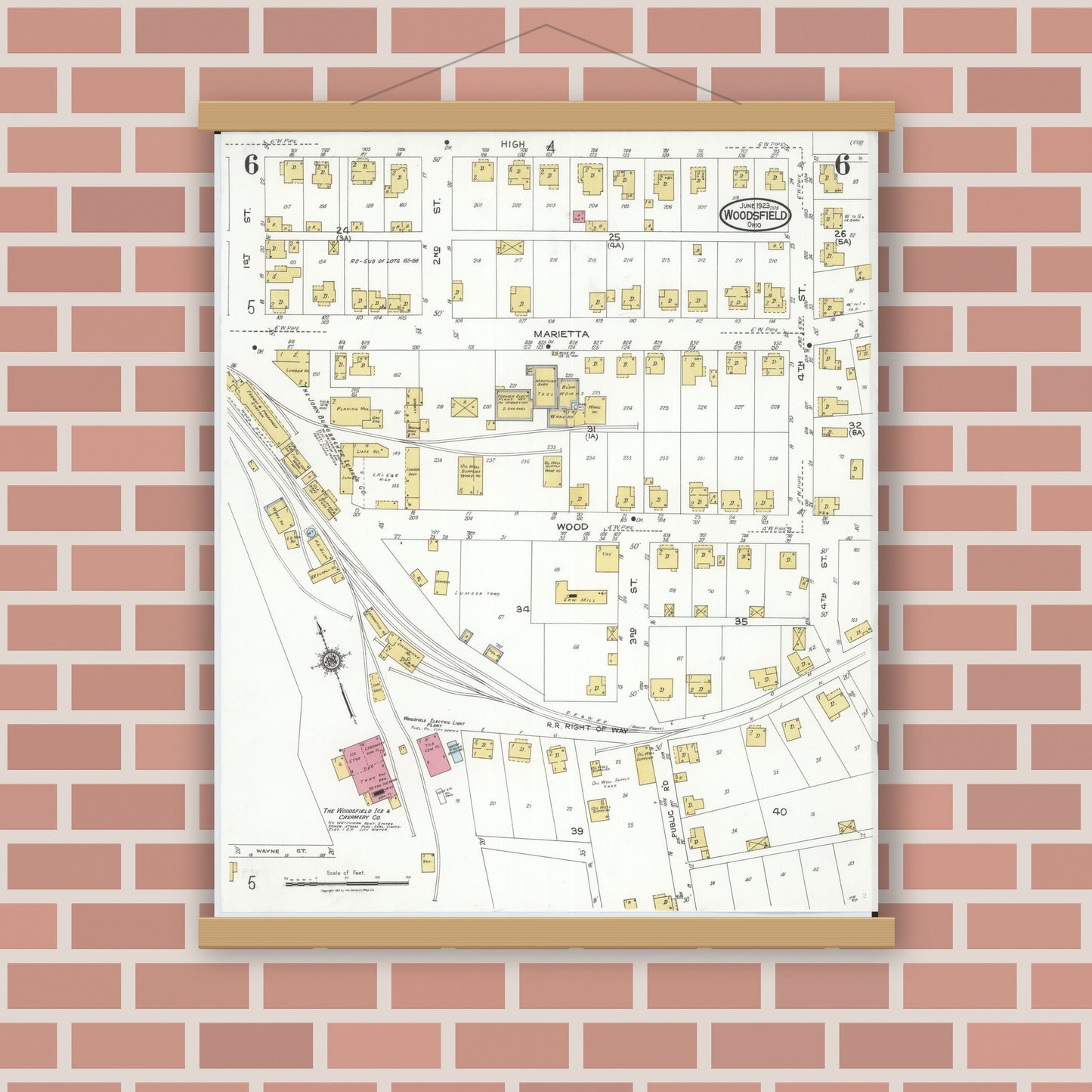 Old map wall art mockup — magnetic wood frame on brick wall — Sanborn Fire Insurance Map from Woodsfield, Monroe County, Ohio (1923), Sheet #0006