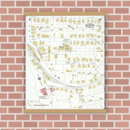 Old map wall art mockup — magnetic wood frame on brick wall — Sanborn Fire Insurance Map from Woodsfield, Monroe County, Ohio (1923), Sheet #0006