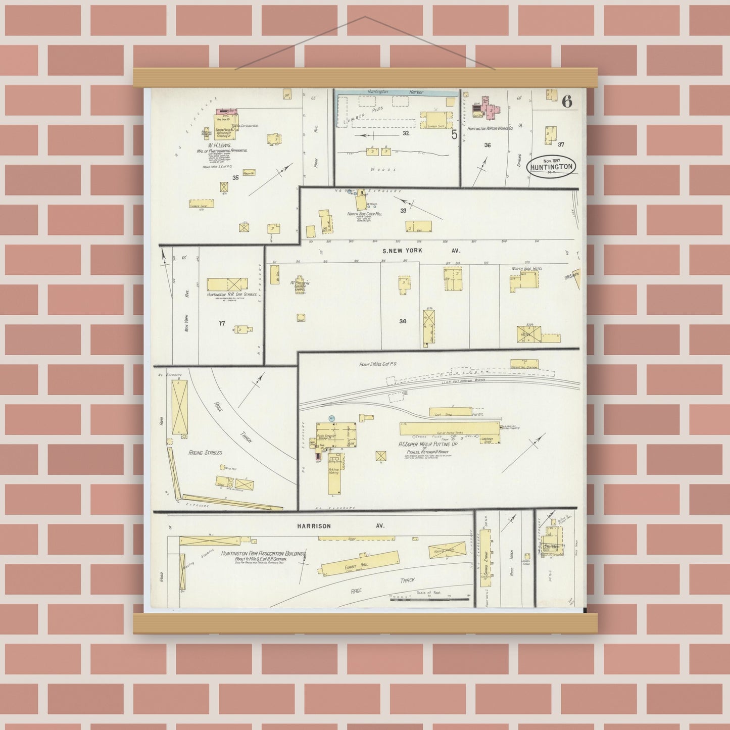 Old map wall art mockup — magnetic wood frame on brick wall — Sanborn Fire Insurance Map from Huntington, Suffolk County, New York (1897), Sheet #0006