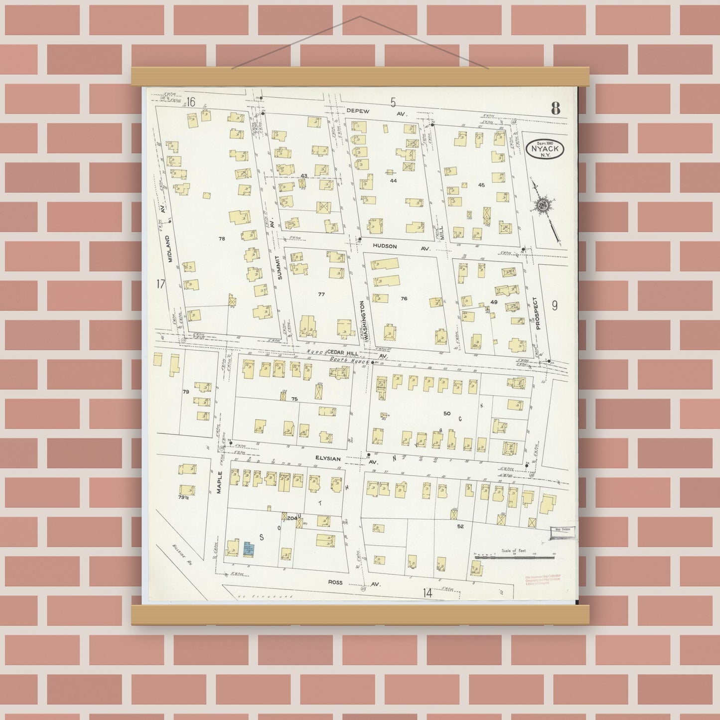 Old map wall art mockup — magnetic wood frame on brick wall — Sanborn Fire Insurance Map from Nyack, Rockland County, New York. (1910), Sheet #0008