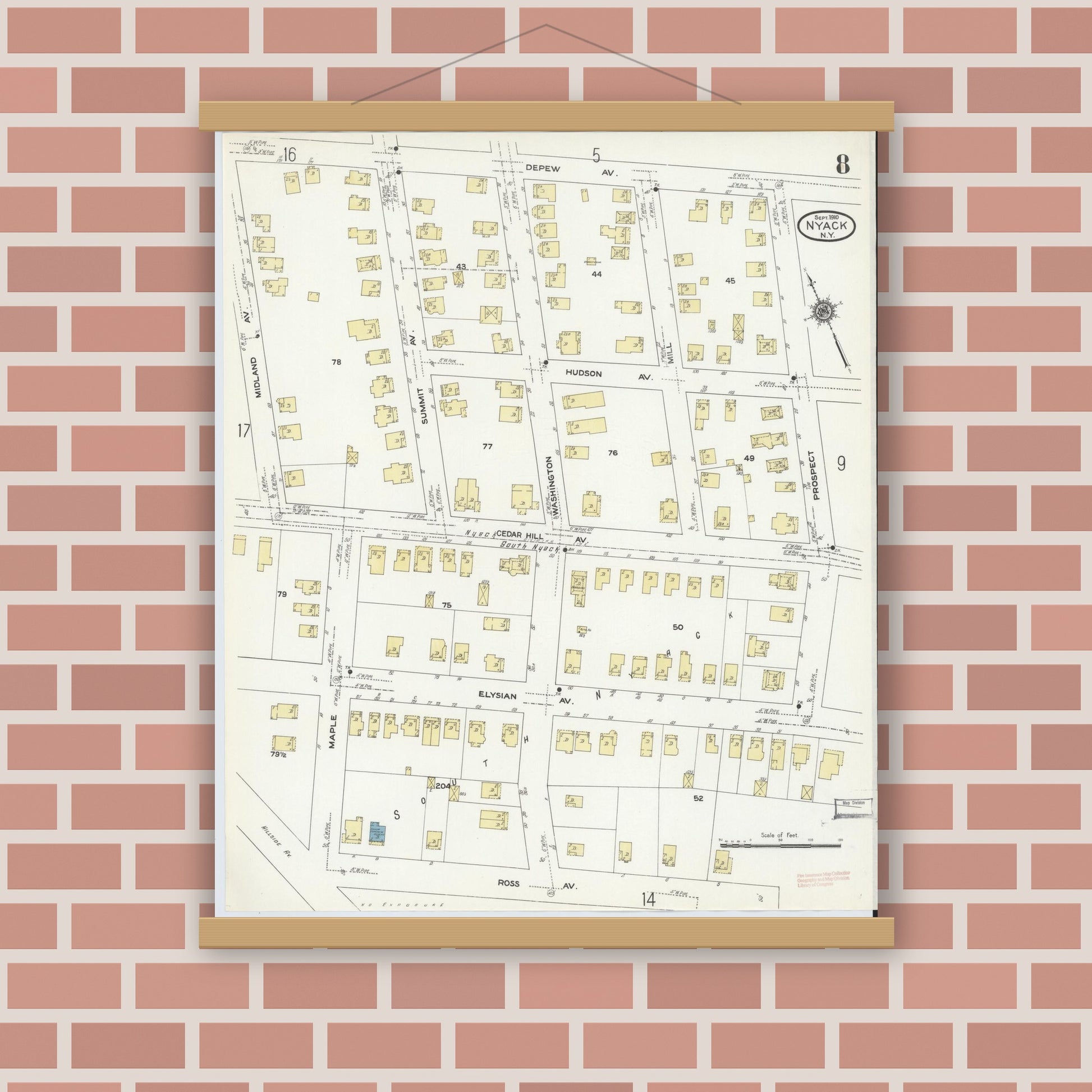 Old map wall art mockup — magnetic wood frame on brick wall — Sanborn Fire Insurance Map from Nyack, Rockland County, New York. (1910), Sheet #0008