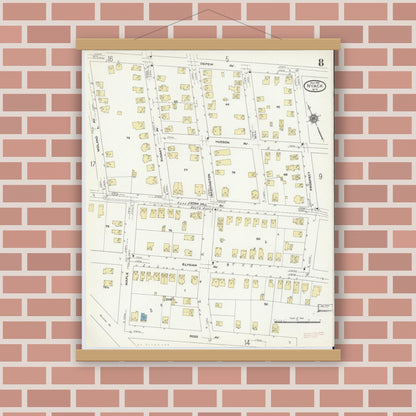 Old map wall art mockup — magnetic wood frame on brick wall — Sanborn Fire Insurance Map from Nyack, Rockland County, New York. (1910), Sheet #0008