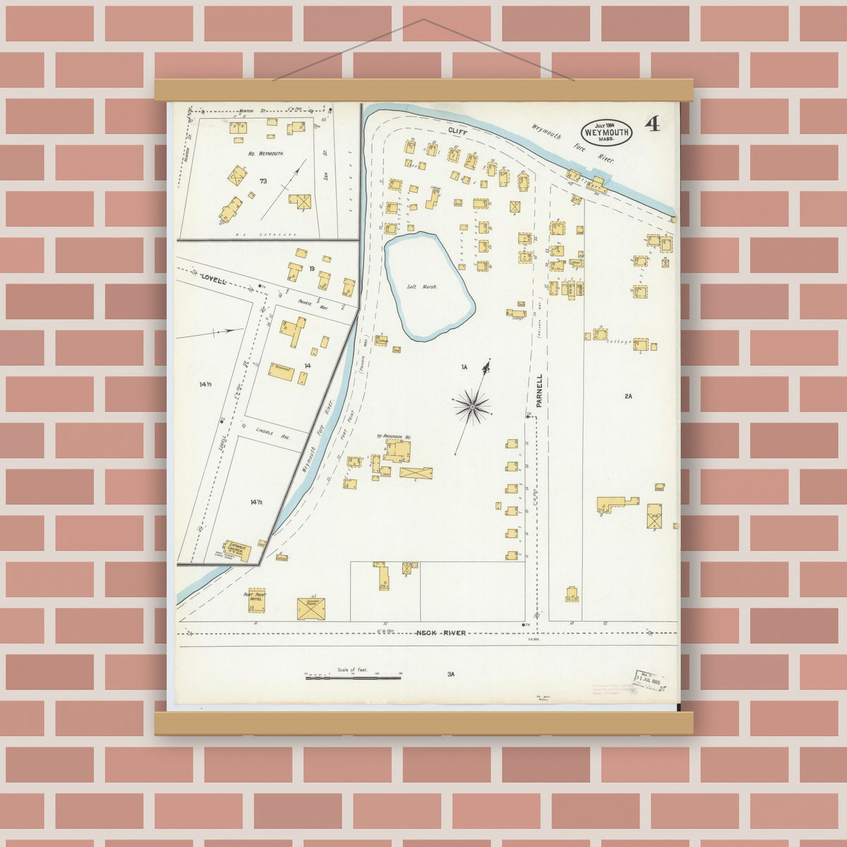 Old map wall art mockup — magnetic wood frame on brick wall — Sanborn Fire Insurance Map from Weymouth, Norfolk County, Massachusetts (1904), Sheet #0004