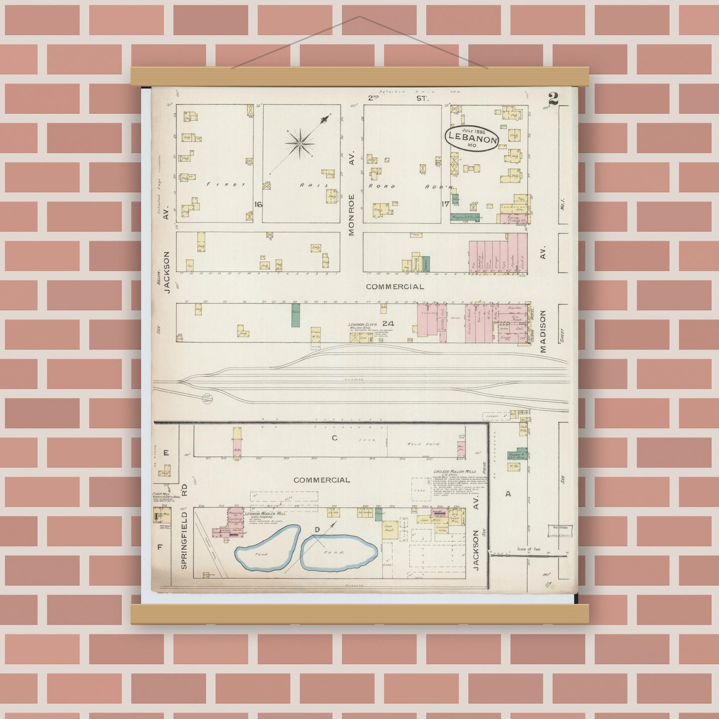 Old map wall art mockup — magnetic wood frame on brick wall — Sanborn Fire Insurance Map from Lebanon, Laclede County, Missouri (1886), Sheet #0002