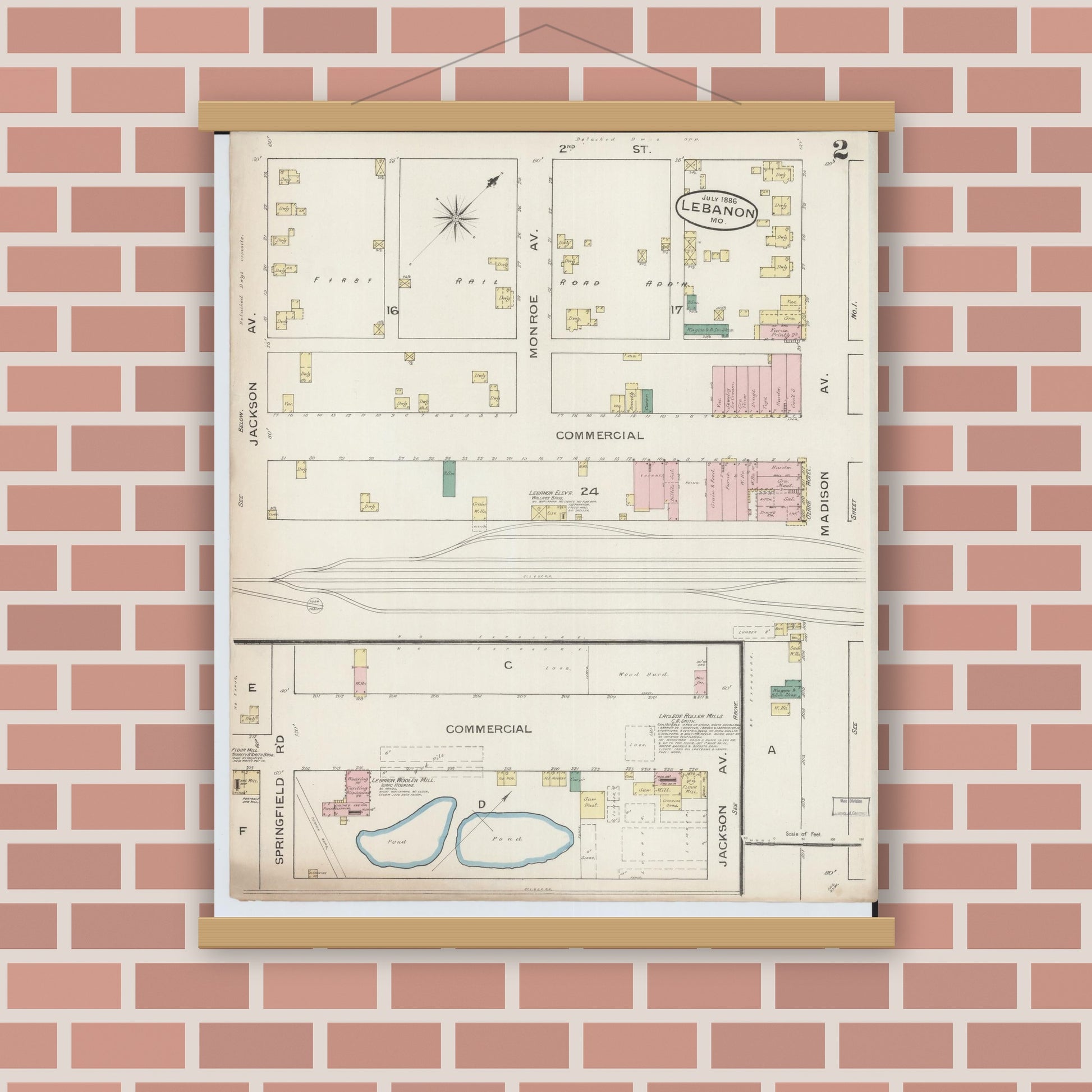 Old map wall art mockup — magnetic wood frame on brick wall — Sanborn Fire Insurance Map from Lebanon, Laclede County, Missouri (1886), Sheet #0002