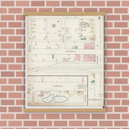 Old map wall art mockup — magnetic wood frame on brick wall — Sanborn Fire Insurance Map from Lebanon, Laclede County, Missouri (1886), Sheet #0002