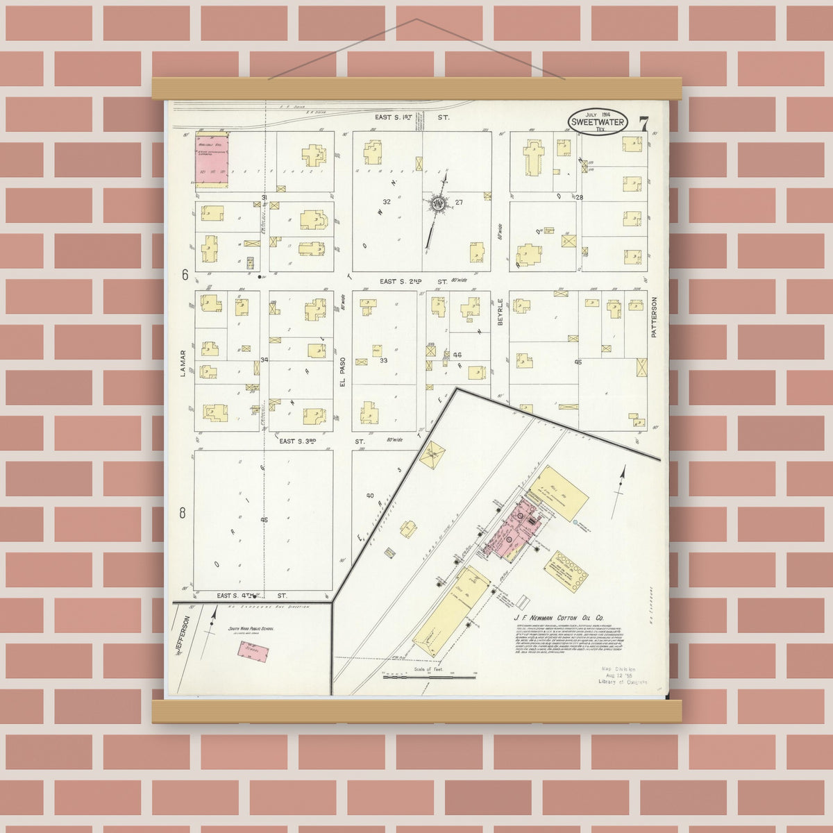 Old map wall art mockup — magnetic wood frame on brick wall — Sanborn Fire Insurance Map from Sweetwater, Nolan County, Texas (1914), Sheet #0007