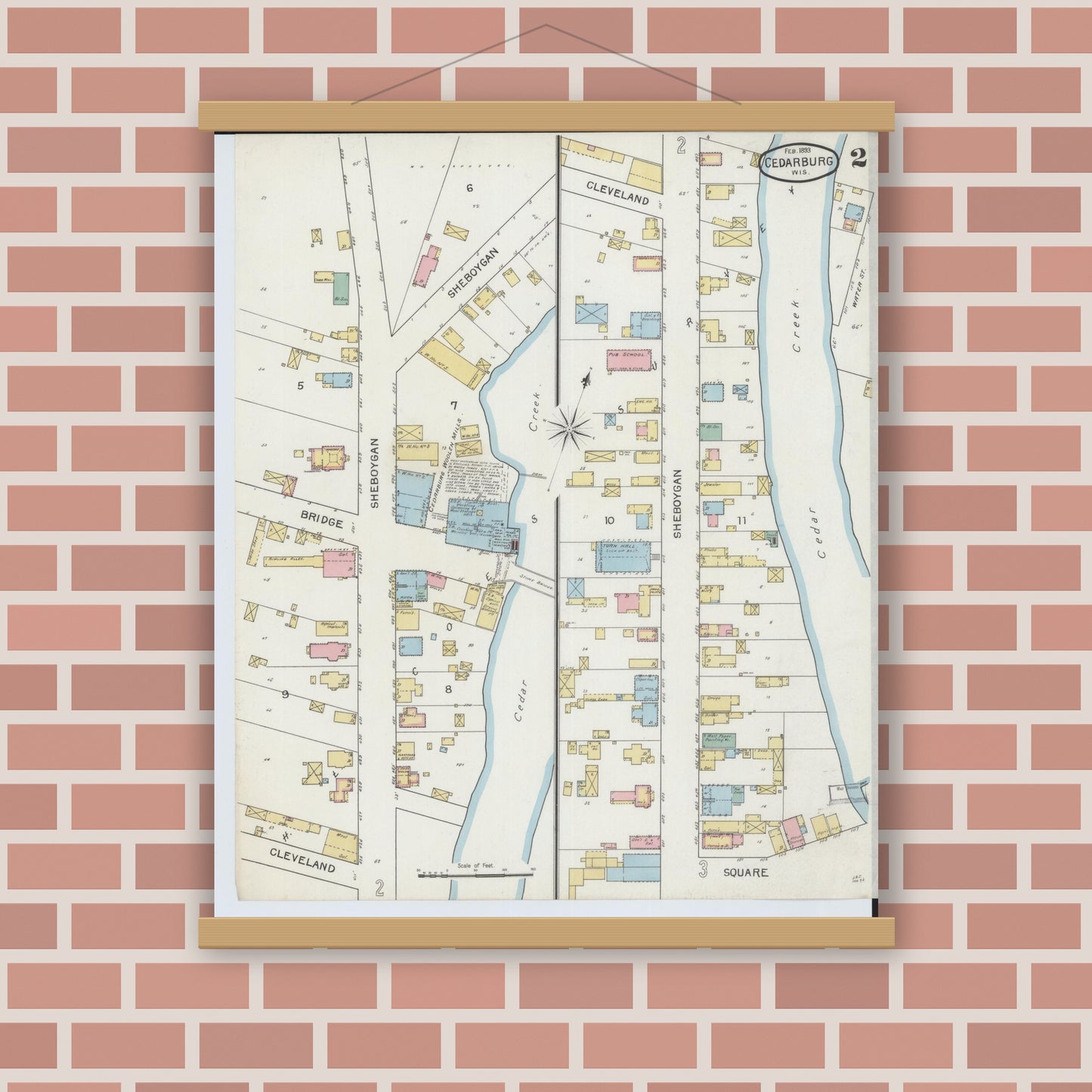 Old map wall art mockup — magnetic wood frame on brick wall — Sanborn Fire Insurance Map from Cedarburg, Ozaukee County, Wisconsin (1893), Sheet #0002