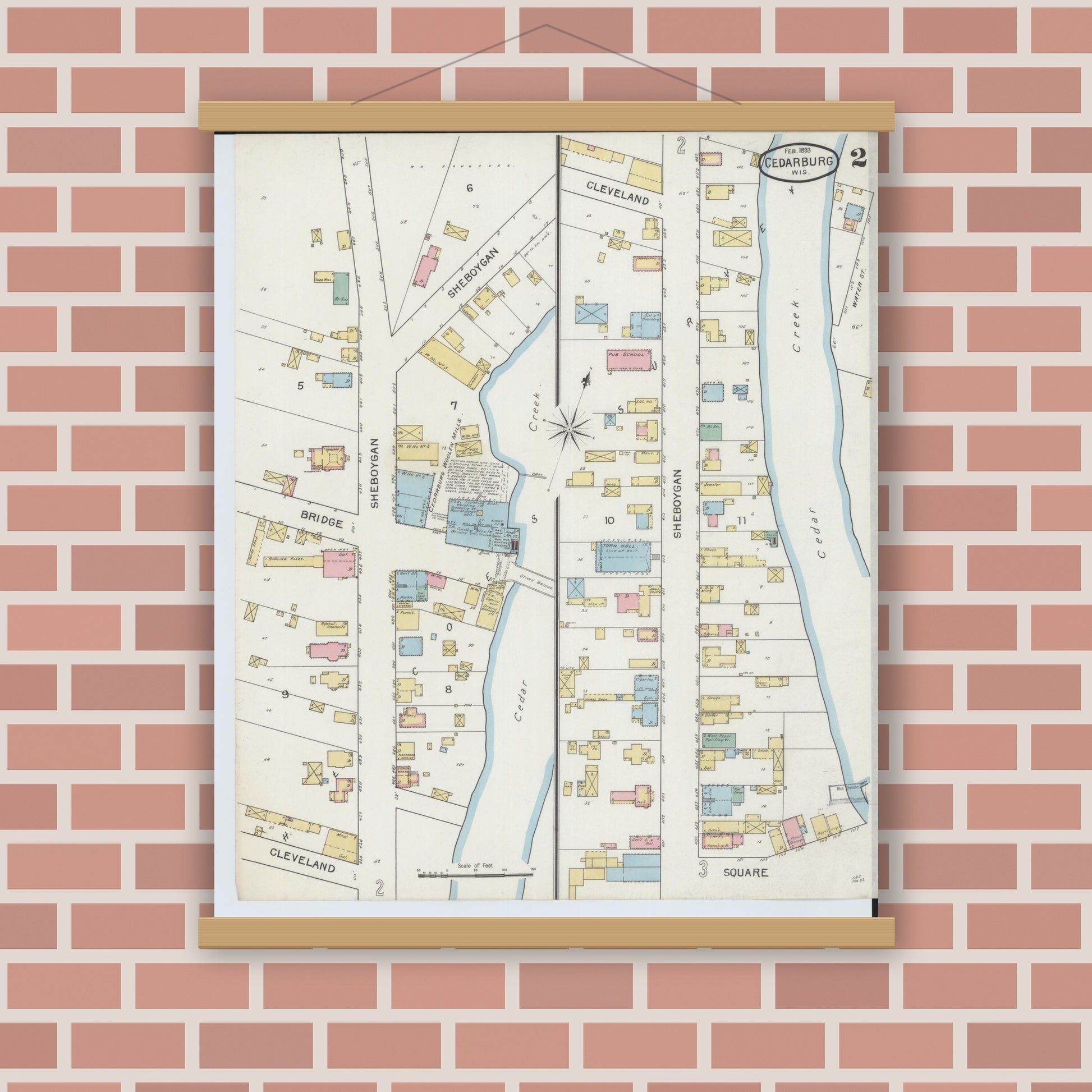 Old map wall art mockup — magnetic wood frame on brick wall — Sanborn Fire Insurance Map from Cedarburg, Ozaukee County, Wisconsin (1893), Sheet #0002