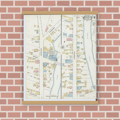 Old map wall art mockup — magnetic wood frame on brick wall — Sanborn Fire Insurance Map from Cedarburg, Ozaukee County, Wisconsin (1893), Sheet #0002